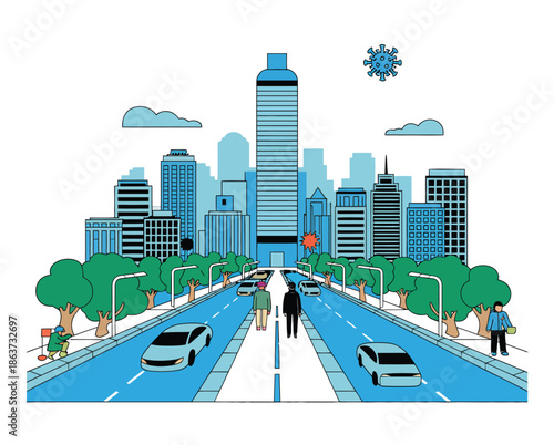 Modern city street with skyscrapers and cars, symbolizing urban life and interconnectedness.