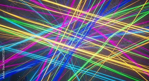 Brilliant spectrum of colorful light streaks crisscross against a dark background