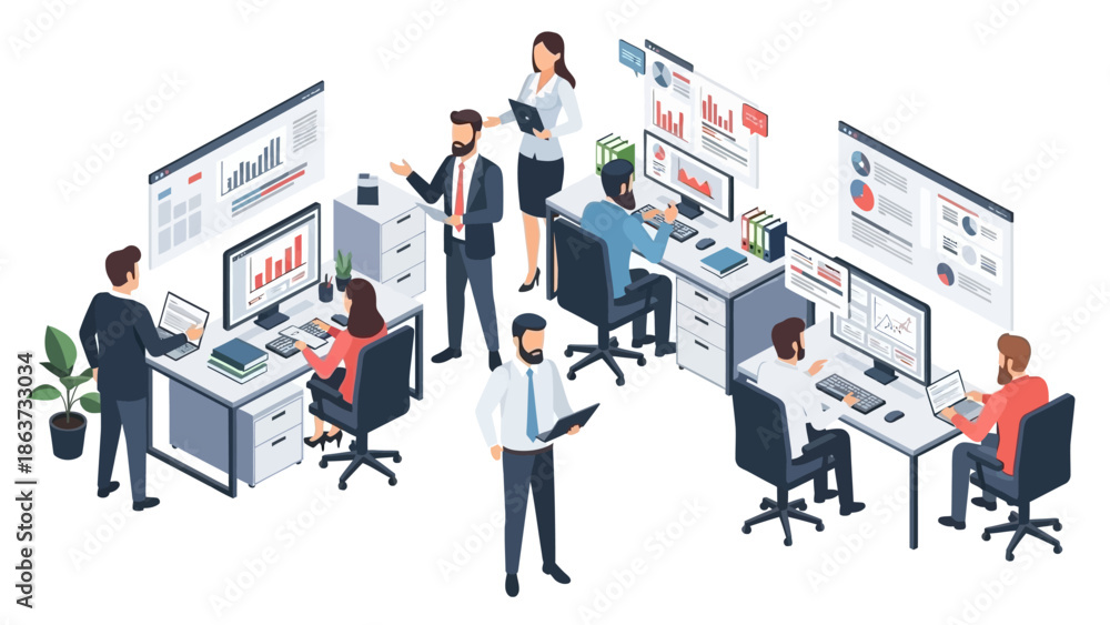 Fototapeta premium Business team collaborating and analyzing digital data in a modern office workspace, isometric view.