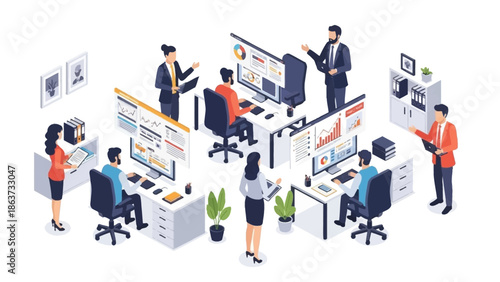 Wallpaper Mural Dynamic team collaboration: Business professionals analyzing data in a modern isometric office workspace. Torontodigital.ca