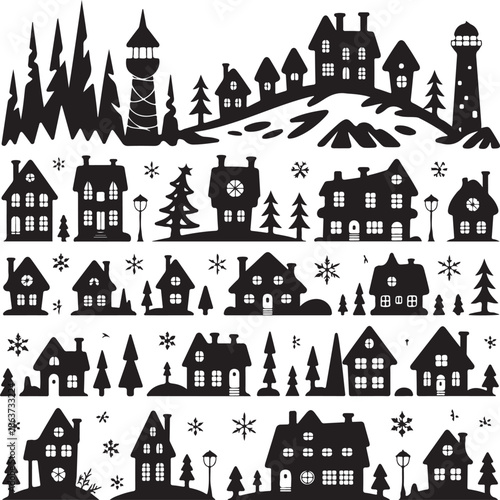 black and white silhouette of houses and trees with snowflakes