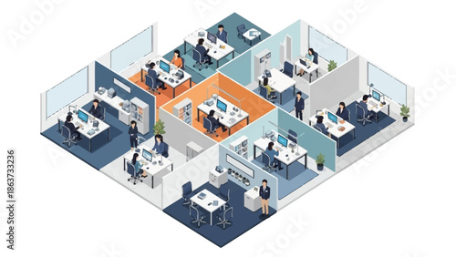Isometric illustration of business team working in a modern, collaborative office space