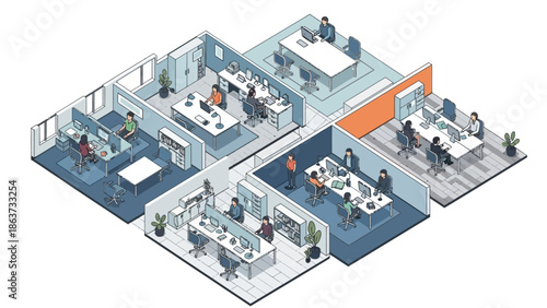 Professionals working productively in a modern isometric office layout illustration