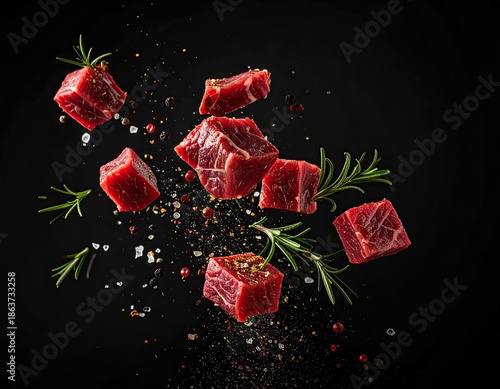 Raw meat cubes with spices and herbs suspended in air against black