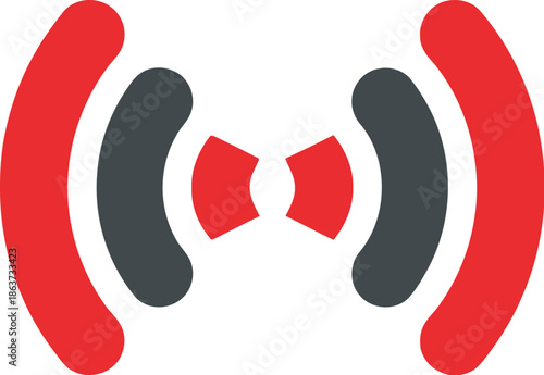 Minimalist graphic icon representing symmetrical wireless signal transmission or radio wave broadcasting using red and dark gray shapes on white