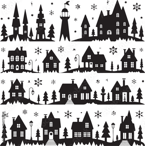 blackandwhite illustration of houses and trees in winter village scene