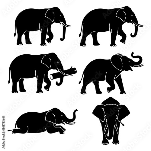 Silhouette set of african elephant herds in the wild safari savanna.