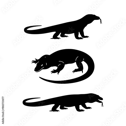 Black silhouette collection of komodo dragons in various lizard poses.