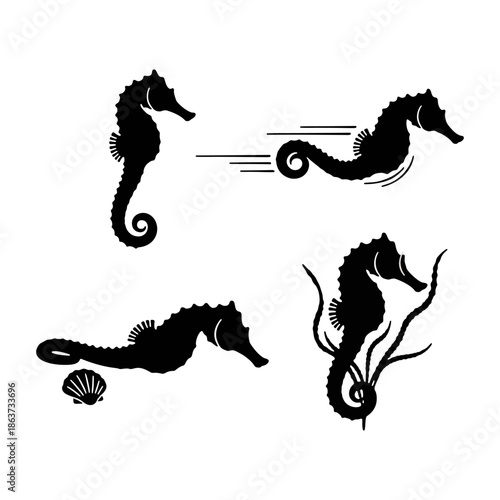Silhouette set of seahorses swimming in the deep blue ocean.