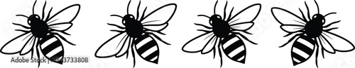 Black and white bee illustration set, hand drawn honeybee silhouettes, flying insect vector icons, minimal nature design, pollinator artwork isolated background