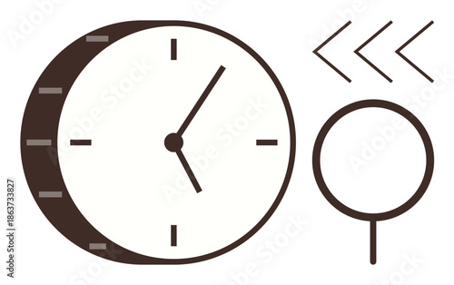 Time management, productivity tools, efficiency tracking, schedule planning, reverse processes, and analysis. A clock, arrows and magnifying glass shape in minimalist style. Time management
