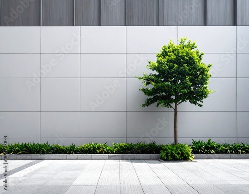 Lone tree with vibrant green leaves against a modern, tiled facade