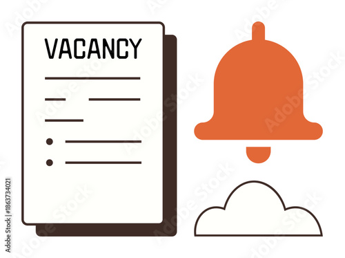 Job search, recruitment alerts, employment opportunities, career updates, human resources, hiring processes. Vacancy document and notification bell icon. Job search and recruitment alerts concept