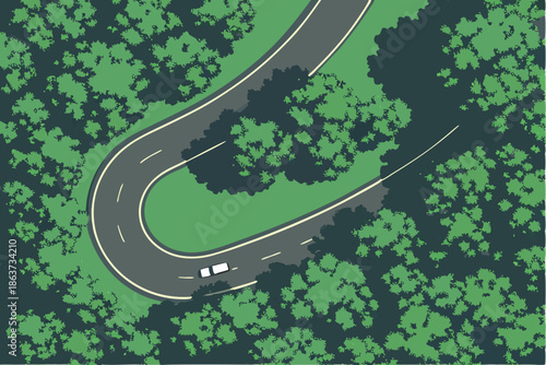  Aerial view, winding forest road, lush green canopy, bird's eye perspective, curving asphalt highway, dense woodland, treetops, cars on road, verdant landscape, overhead shot, nature and infrastruct