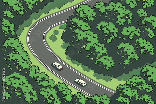  Aerial view, winding forest road, lush green canopy, bird's eye perspective, curving asphalt highway, dense woodland, treetops, cars on road, verdant landscape, overhead shot, nature and infrastruct