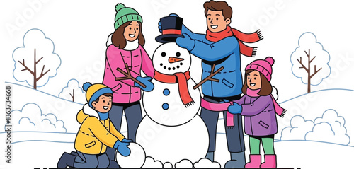 Happy diverse family enjoying a winter day outdoors together creating a charming snowman with classic accessories in the snow