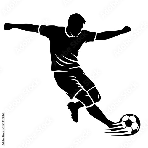 black and white silhouette of a soccer player in full motion, leaning forward to strike or dribble