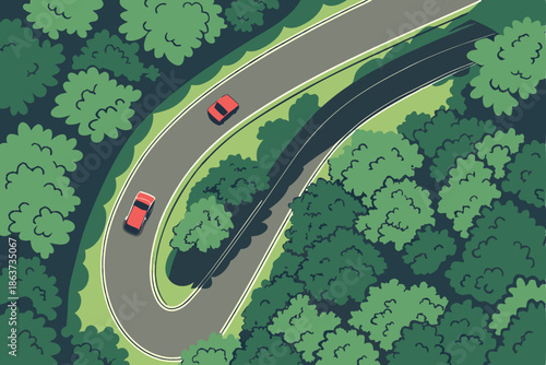  Aerial view, winding forest road, lush green canopy, bird's eye perspective, curving asphalt highway, dense woodland, treetops, cars on road, verdant landscape, overhead shot, nature and infrastruct