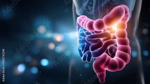 This artwork showcases the human digestive system, highlighting the complexity of the intestines in vibrant shades. The visual representation conveys the delicate yet vital function of digestion