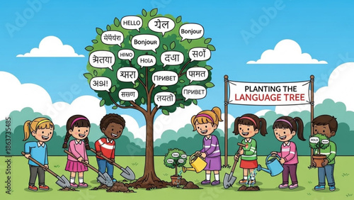 Diverse children planting a tree with a sign that reads planting the language tree surrounded by speech bubbles in multiple languages on a sunny day with blue sky