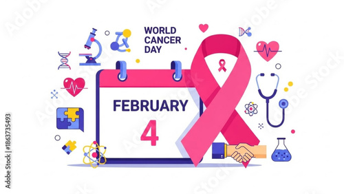World cancer day february 4 awareness ribbon calendar handshake medical symbols with cancer awareness and pink ribbon and healthcare and awareness campaign