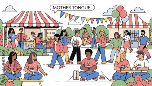 Diverse group of people enjoying outdoor festival with food stalls and colorful decorations, lively atmosphere with balloons and streamers with celebration