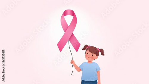 A young girl holding a pink ribbon on a string against a light pink background, symbolizing breast cancer awareness and support with health and hope
