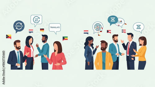 Diverse business people communicating with translation symbols and flags, representing global language exchange and international communication