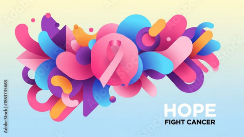 Vibrant colorful abstract shapes representing hope and cancer awareness on a gradient background with support and health and wellness and medical