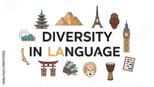 Diversity in language concept with cultural symbols and landmarks from around the world on white background with culture and global and communication
