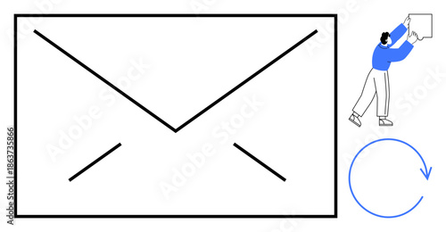Email communication. Envelope icon messaging, person with speech bubble indicating interaction, and refresh icon for updates. For messaging, communication apps, remote work, data management
