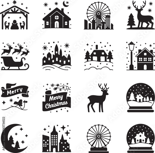 black and white Christmas icons set with winter scenes and symbols