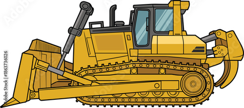 Yellow bulldozer illustration, heavy construction machinery crawler tractor industrial earthmoving equipment isolated on white background detailed vector art engineering vehicle for road building 