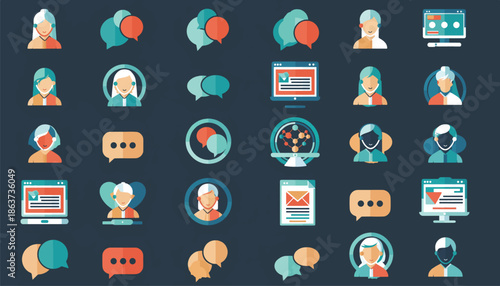Online Collaboration Icons Teamwork and Chat Bubbles - Flat Style