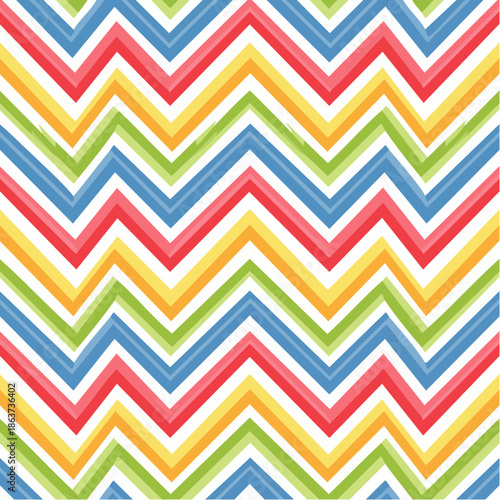 Vibrant Chevron Pattern Seamless Background with Rainbow Stripes of Red Yellow Blue Green and White in Playful Zigzag Design Perfect for Childrens Decor and Graphic Elements
