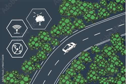  Aerial view, winding road through dense forest, green canopy, hexagonal icons, sustainability symbols, smart city concept, environmental technology, drone perspective, misty treetops, white road mar