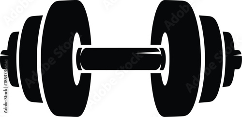 Black and white graphic silhouette icon representing a heavy adjustable dumbbell used for weightlifting and strength training exercises in a gym setting