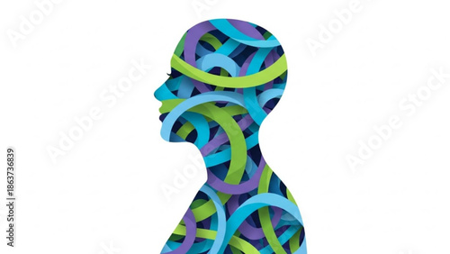 A creative illustration of a human head and neck made of colorful swirling ribbons and lines in shades of blue, green, and purple on a white background