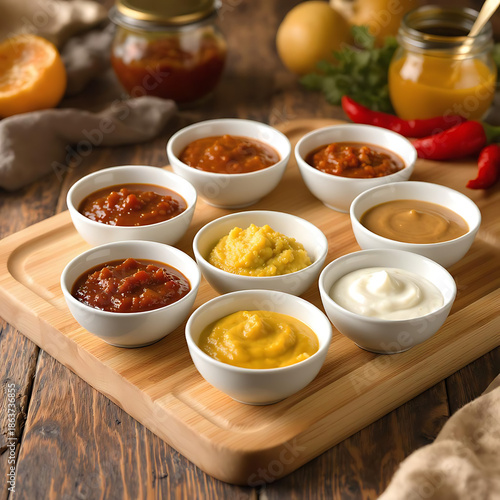 Assorted Food Sauces and Dips in Small Bowls on Wooden Table, Variety of Homemade Condiments, Creamy and Spicy Sauces, Culinary and Gourmet Food Background