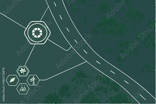  Aerial view, winding road through dense forest, green canopy, hexagonal icons, sustainability symbols, smart city concept, environmental technology, drone perspective, misty treetops, white road mar