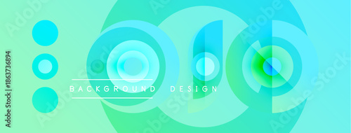 Abstract turquoise design features overlapping circles, gradients. Text reads background and design. Minimalist, modern aesthetic.