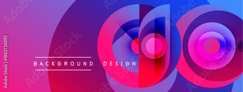 Abstract vibrant design features overlapping circles, gradients. Pink, purple, blue hues create dynamic visual effect. Text reads background design.