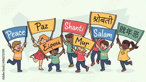Diverse group of happy children holding colorful peace signs in different languages with unity and together and paz and shanti and salam and hope