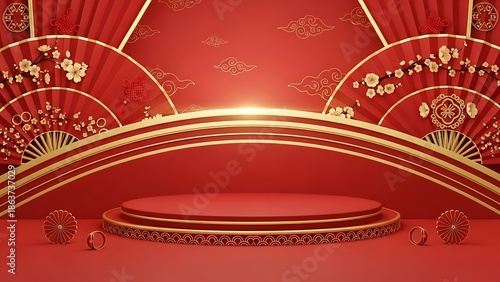 Elegant red stage design with fans and floral ornaments for festive celebrations