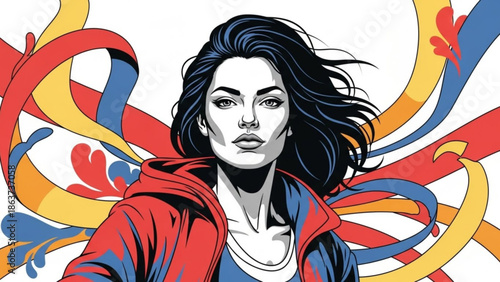 A vibrant illustration of a young woman with flowing dark hair wearing a red jacket standing in front of colorful swirling ribbons and floral patterns on a white