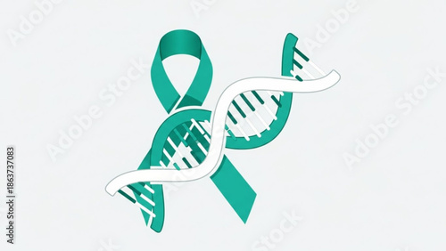 Teal awareness ribbon intertwined with dna double helix symbolizing genetic research and health advocacy on white background with teal ribbon
