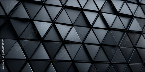 A close-up image of a sleek, black wall featuring a repeating geometric triangle pattern. The design is contemporary and suitable for modern interior design, architecture, or abstract art.
