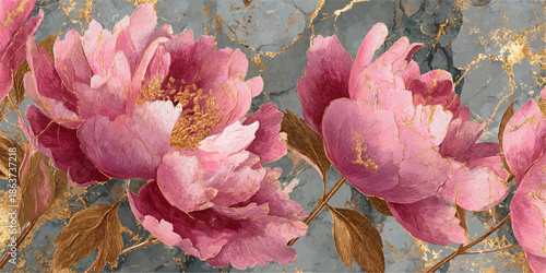 High-quality image of pink peonies with gold accents on a marble background, perfect for wallpaper or decorative purposes.