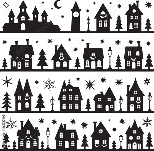 blacksilhouetteofawintervillagescenewithhousesandtrees