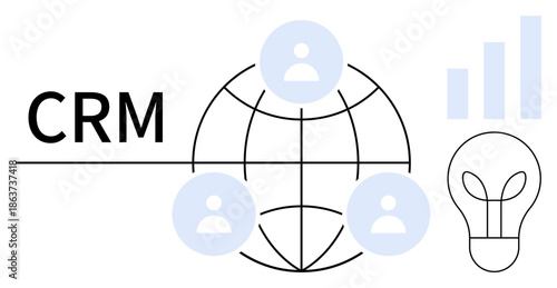 CRM concept. CRM connecting user management with analytics and ideas for global business growth. CRM tools for business optimization, customer retention, and marketing strategies. Ideal